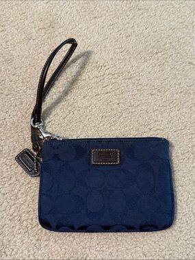 Coach Navy Signature Zip Wristlet with Leather Strap